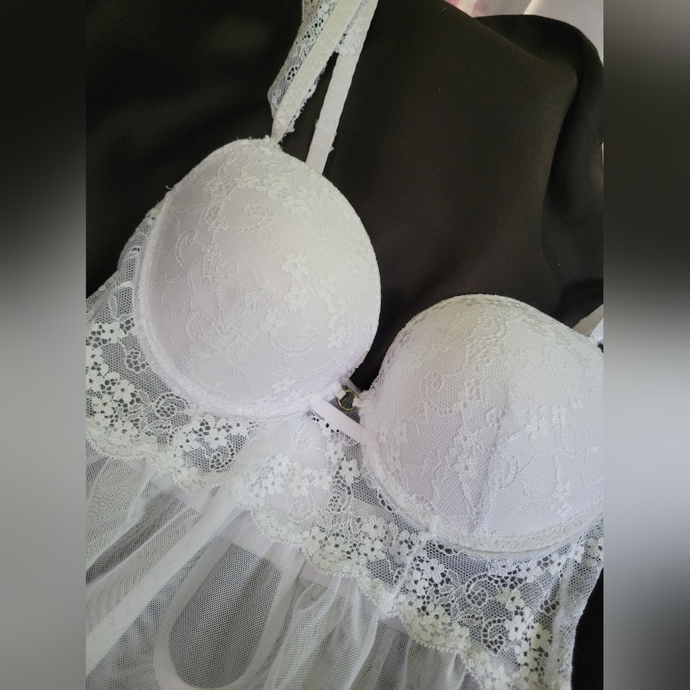 White Lace Lingerie Babydoll Bridal Bustier Dress Medium Sheer Mesh Floral